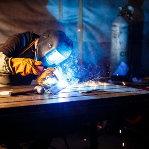Cutting metal with plasma equipment on plant. Fabrication Work